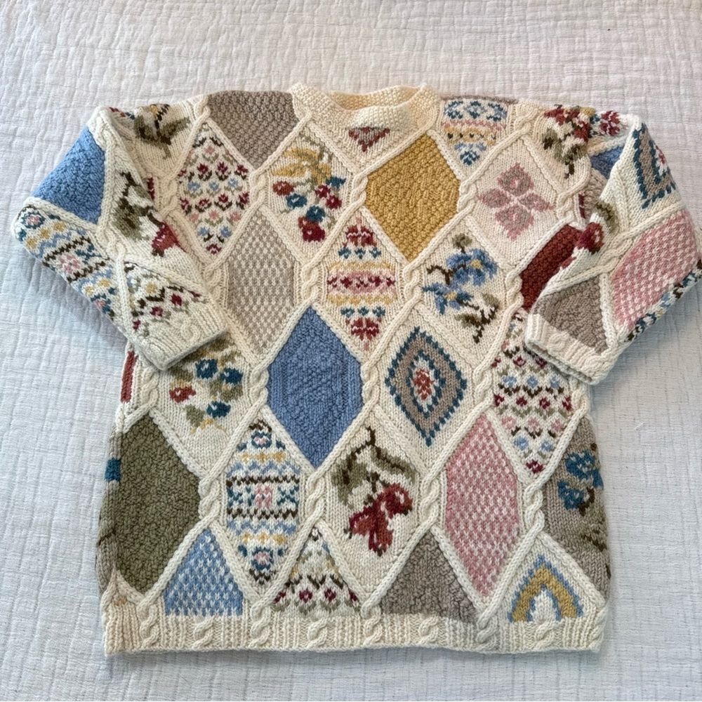 Laura Ashley 90’s Patchwork Chunky Sweater Small 100% Wool Cottage Core Whimsy